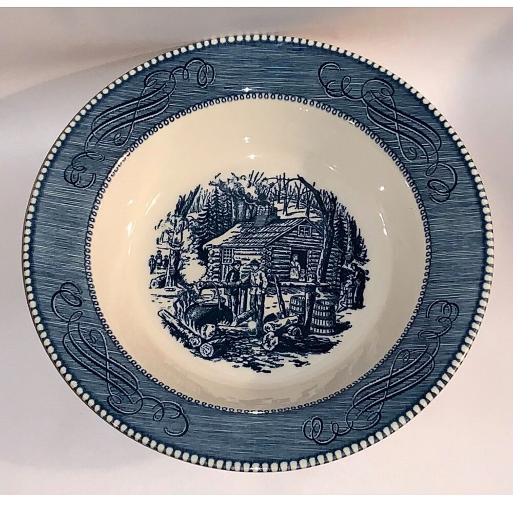 Royal Currier & Ives 9" Serving Bowl "Maple Sugaring" Log Cabin Homestead